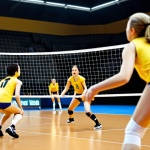 **Image:** A dynamic volleyball match scene, focusing on a player executing a fast set with blurred motion, attempting to outsmart the opposing team's blockers. The setting is a modern indoor volleyball court.