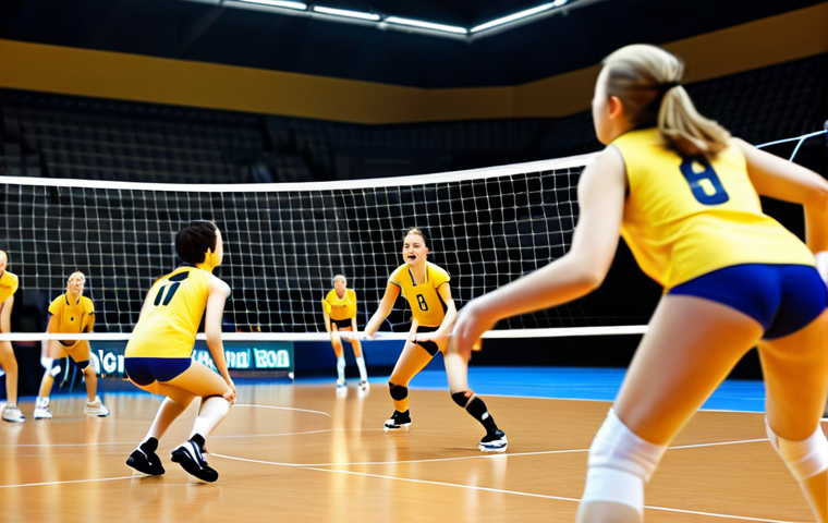 **Image:** A dynamic volleyball match scene, focusing on a player executing a fast set with blurred motion, attempting to outsmart the opposing team's blockers. The setting is a modern indoor volleyball court.