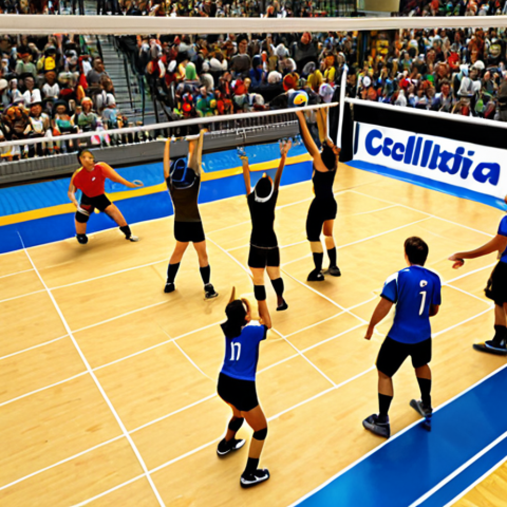 ** A vibrant volleyball court scene. Players are strategically positioned, with one player spiking the ball over the net during a heated match. The focus should be on the dynamic movement and teamwork, emphasizing the excitement of a local league game with spectators cheering. Show the dimensions of the court clearly.

**