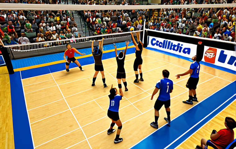 ** A vibrant volleyball court scene. Players are strategically positioned, with one player spiking the ball over the net during a heated match. The focus should be on the dynamic movement and teamwork, emphasizing the excitement of a local league game with spectators cheering. Show the dimensions of the court clearly.
**