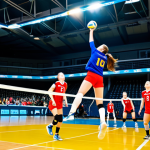 Action Shot on the Court**

"A dynamic action shot of a fully clothed volleyball player spiking the ball during a tournament game. The player is in mid-air, powerful stance, focused expression. Teammates are visible in the background, ready to assist. The volleyball court is well-lit, with clear markings. Spectators are visible in the stands, cheering. Appropriate attire, safe for work, perfect anatomy, natural proportions, professional sports photography, high quality, vibrant colors, family-friendly."

**