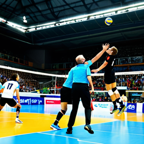 Home 18 A Dynamic Volleyball Match**
"A professional volleyball game in progress, fully clothed players in action, focus on a player diving to save the ball with a determined expression, the referee signaling a play using the video challenge system, modern indoor stadium setting, safe for work, appropriate content, perfect anatomy, natural proportions, professional sports photography, dynamic composition, vibrant colors, family-friendly."
**