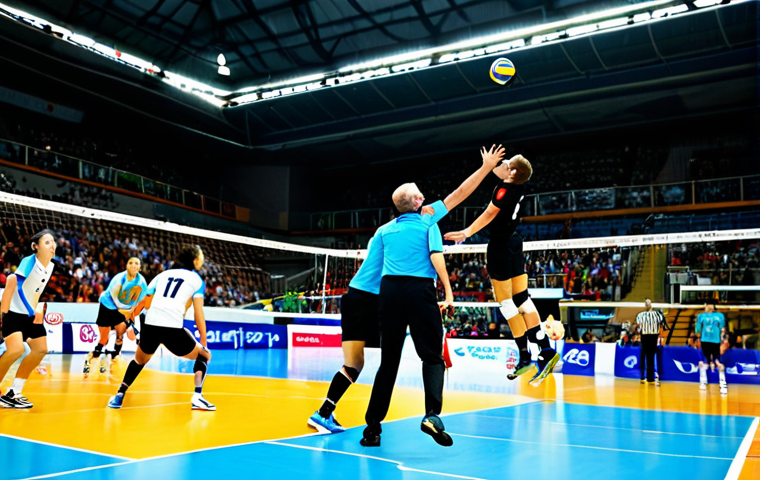 A Dynamic Volleyball Match**
"A professional volleyball game in progress, fully clothed players in action, focus on a player diving to save the ball with a determined expression, the referee signaling a play using the video challenge system, modern indoor stadium setting, safe for work, appropriate content, perfect anatomy, natural proportions, professional sports photography, dynamic composition, vibrant colors, family-friendly."
**