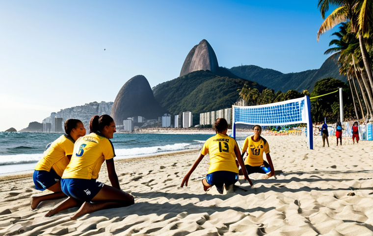 배구 경기 이후의 스트레칭 - Post-Game Recovery**
"A group of volleyball players, fully clothed in their team uniforms (shorts a...