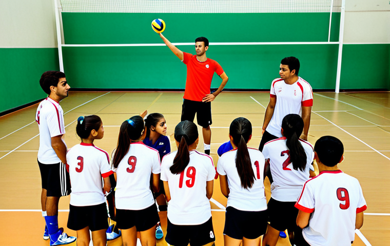 배구 경기 이후의 스트레칭 - Post-Game Recovery**

"A group of volleyball players, fully clothed in their team uniforms (shorts a...