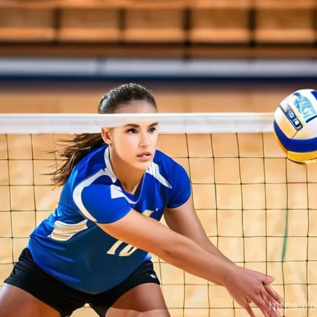 배구 경기 중 멘탈 훈련 - **Prompt:** A female volleyball player in a dynamic action pose, intensely focused on the ball. Her ...