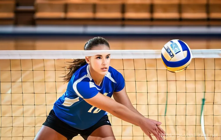 배구 경기 중 멘탈 훈련 - **Prompt:** A female volleyball player in a dynamic action pose, intensely focused on the ball. Her ...