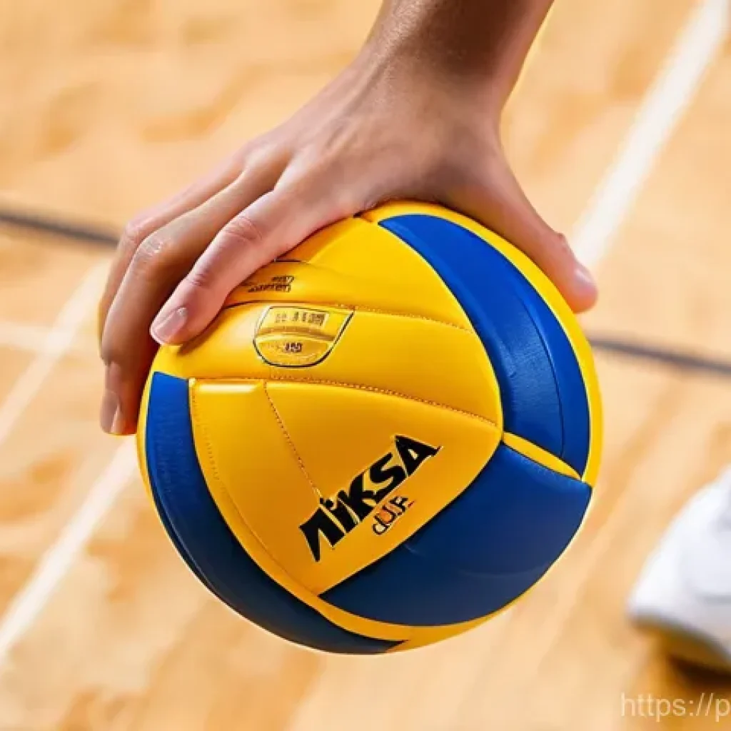 배구 경기를 위한 장비 - **Prompt:** A dynamic, close-up shot of a volleyball player's hands perfectly setting a vibrant, off...