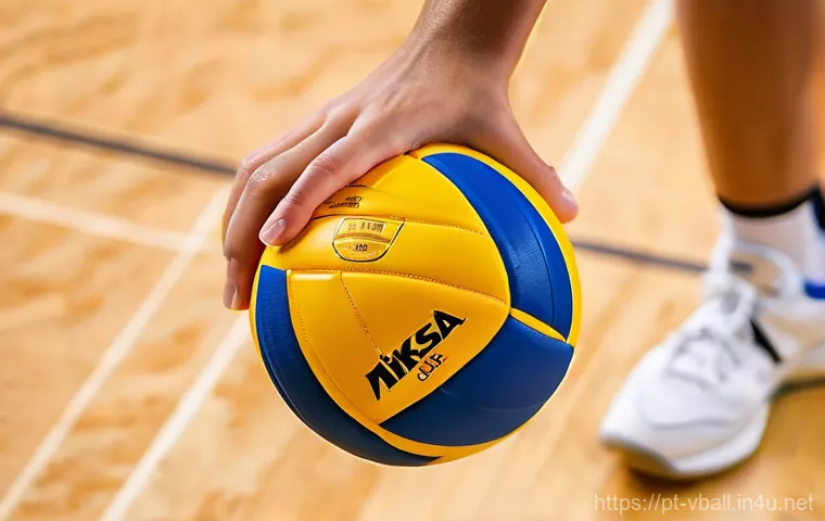 배구 경기를 위한 장비 - **Prompt:** A dynamic, close-up shot of a volleyball player's hands perfectly setting a vibrant, off...
