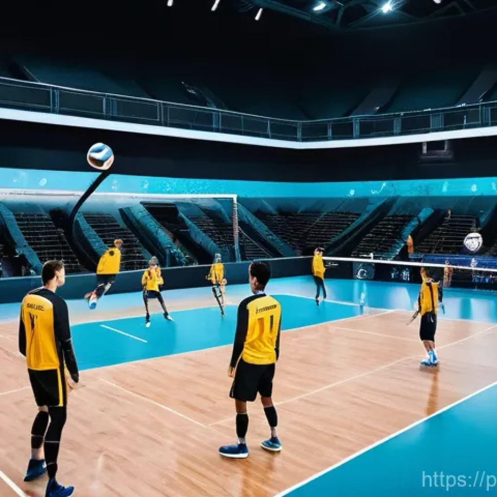 배구 경기력 평가 방법 - **Prompt:** "A futuristic indoor volleyball court during an intense match. Athletes in sleek, perfor...
