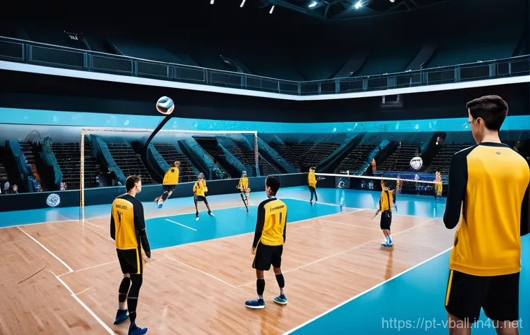 배구 경기력 평가 방법 - **Prompt:** "A futuristic indoor volleyball court during an intense match. Athletes in sleek, perfor...