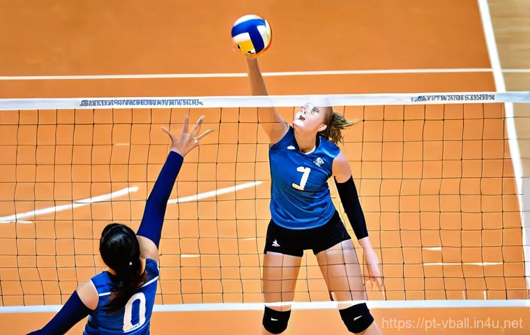 배구 경기력 평가 방법 - **Prompt:** "A futuristic indoor volleyball court during an intense match. Athletes in sleek, perfor...