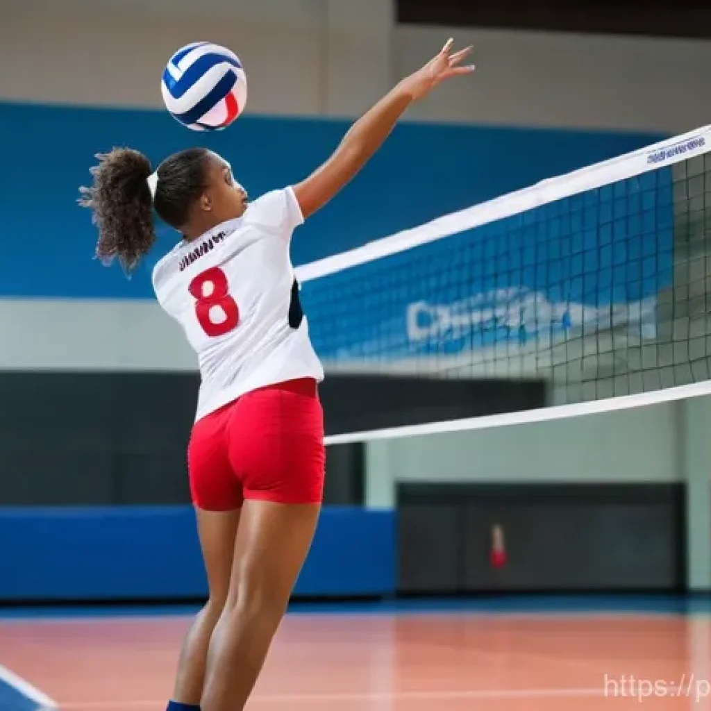 배구 훈련용 의류 추천 - **Prompt:** A dynamic female volleyball player, mid-air, powerfully spiking a ball in an indoor cour...