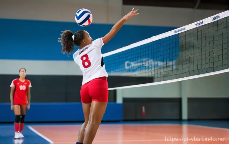 배구 훈련용 의류 추천 - **Prompt:** A dynamic female volleyball player, mid-air, powerfully spiking a ball in an indoor cour...