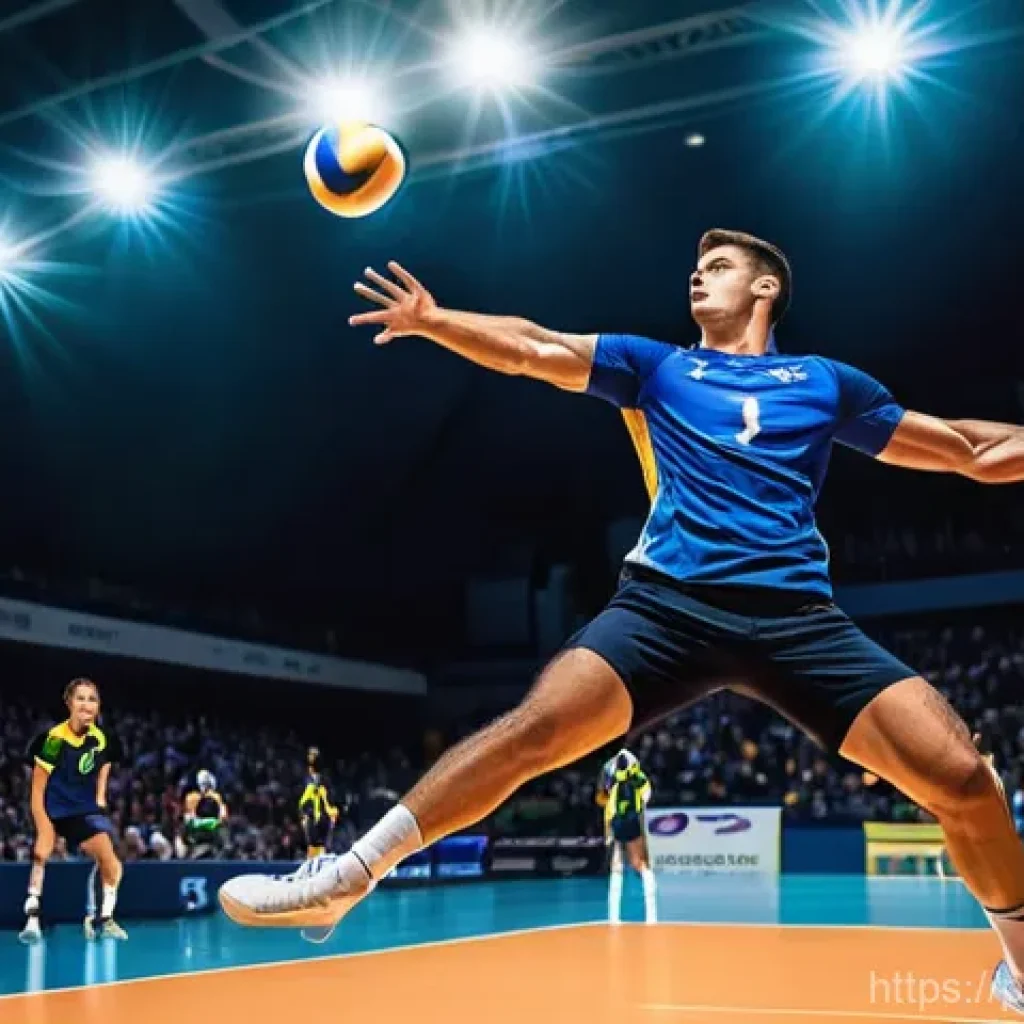 배구 전술 핸드북 - **The Powerful Jump Serve:**
"A male volleyball player, in mid-air, executing a powerful jump se...
