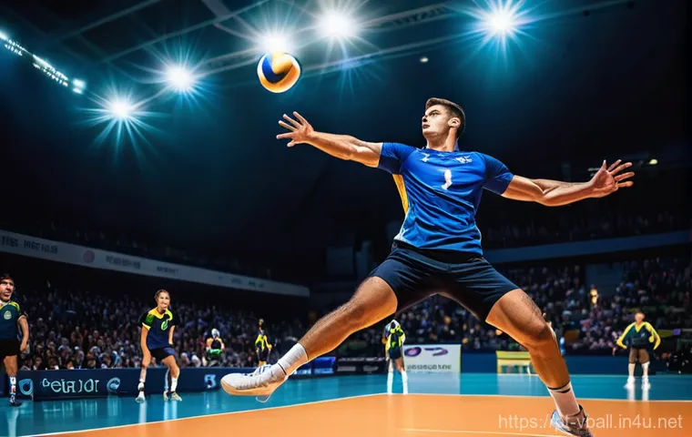 배구 전술 핸드북 - **The Powerful Jump Serve:**
"A male volleyball player, in mid-air, executing a powerful jump se...
