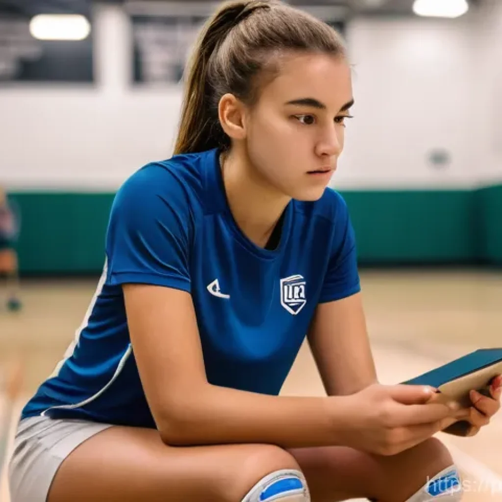 배구 훈련 비디오 활용법 - A focused young female volleyball player, approximately 16 years old, is sitting comfortably on a gy...
