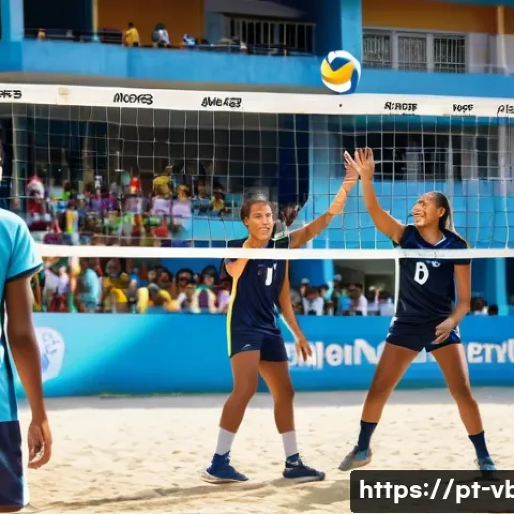 배구 유소년 클럽 활동 - **Prompt:** "A vibrant, sunlit volleyball court in Rio de Janeiro. A diverse group of teenage athlet...
