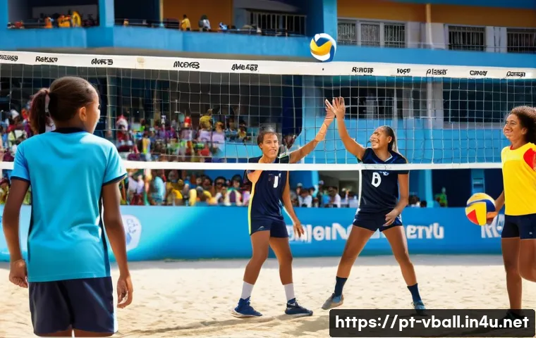 배구 유소년 클럽 활동 - **Prompt:** "A vibrant, sunlit volleyball court in Rio de Janeiro. A diverse group of teenage athlet...