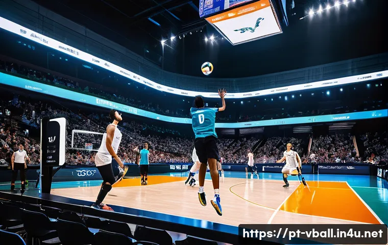 배구 경기 후 분석 방법 - **Prompt:** A dynamic, high-angle shot of a professional volleyball match in full swing. The scene s...