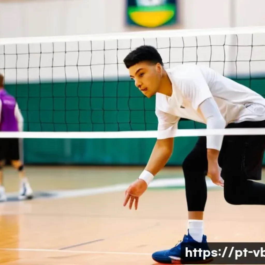 배구 교본 다운로드 - A dynamic indoor volleyball scene showing a young adult male player in athletic sportswear, wearing ...