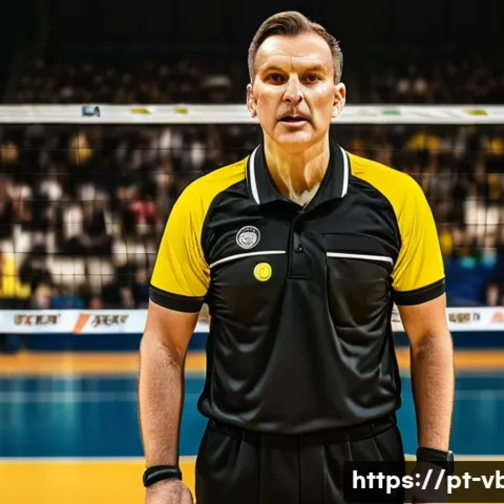 배구 주심과 부심 역할 - A professional volleyball referee standing confidently on the elevated referee stand beside the net ...