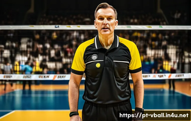 배구 주심과 부심 역할 - A professional volleyball referee standing confidently on the elevated referee stand beside the net ...