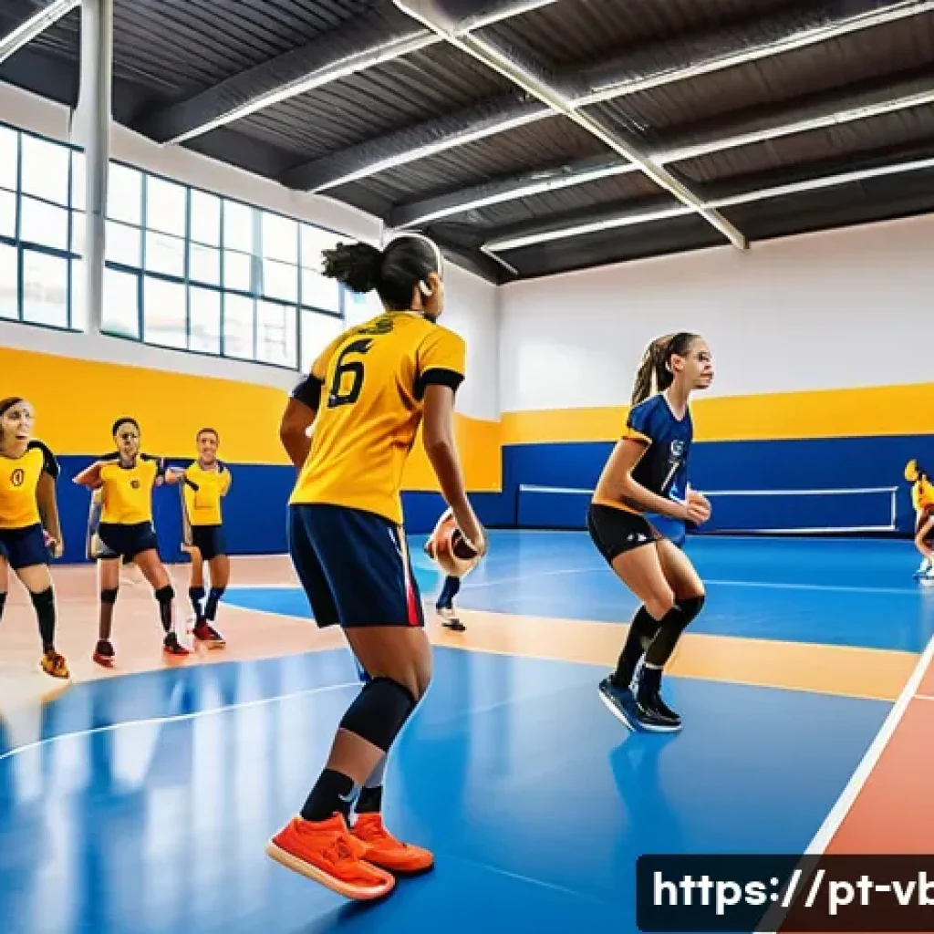 배구 트레이닝 캠프 - A dynamic volleyball training session in a modern indoor sports facility in Brazil, showing a divers...