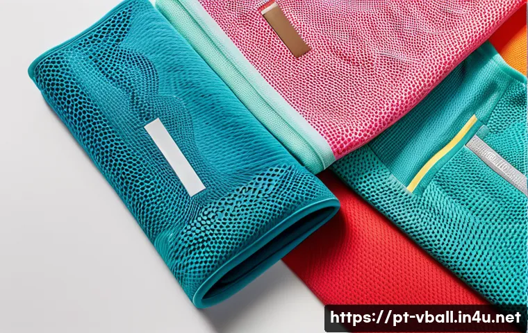 배구 관련 의류 세탁 팁 - A detailed close-up of high-performance volleyball sportswear laid flat, showing vibrant colored fab...