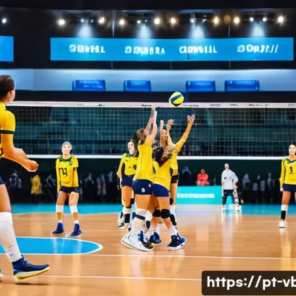 배구 경기장에서 지켜야 할 규칙 - A dynamic volleyball match scene on an indoor court in Brazil, showing a skilled player performing a...