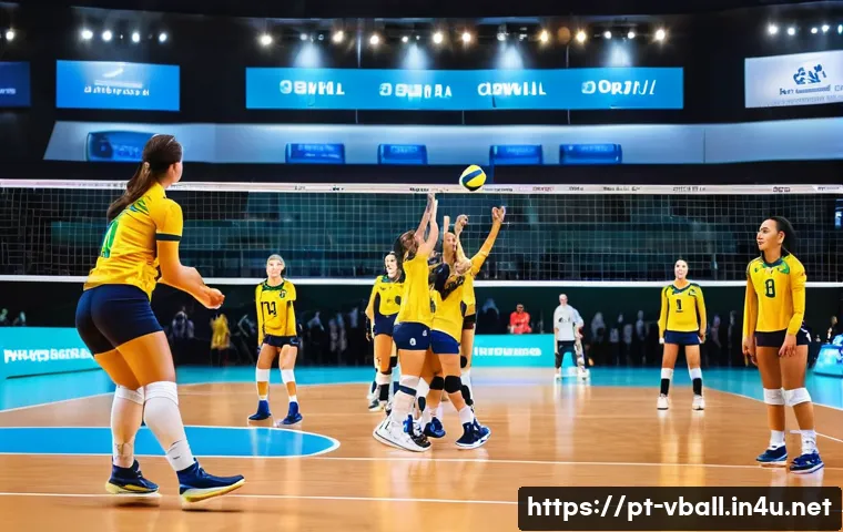 배구 경기장에서 지켜야 할 규칙 - A dynamic volleyball match scene on an indoor court in Brazil, showing a skilled player performing a...