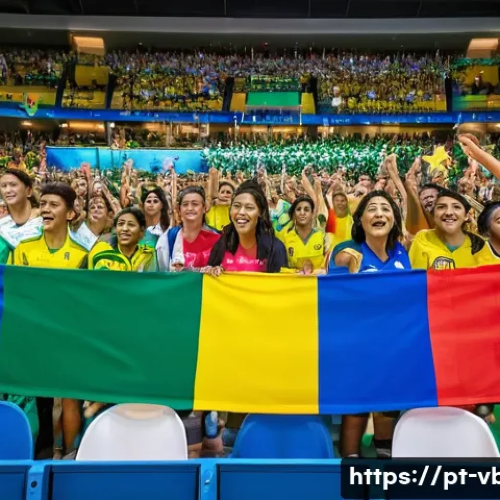 배구 경기 관람 매너 - A vibrant scene of a diverse crowd in a modern indoor volleyball arena in Brazil, fans sitting close...