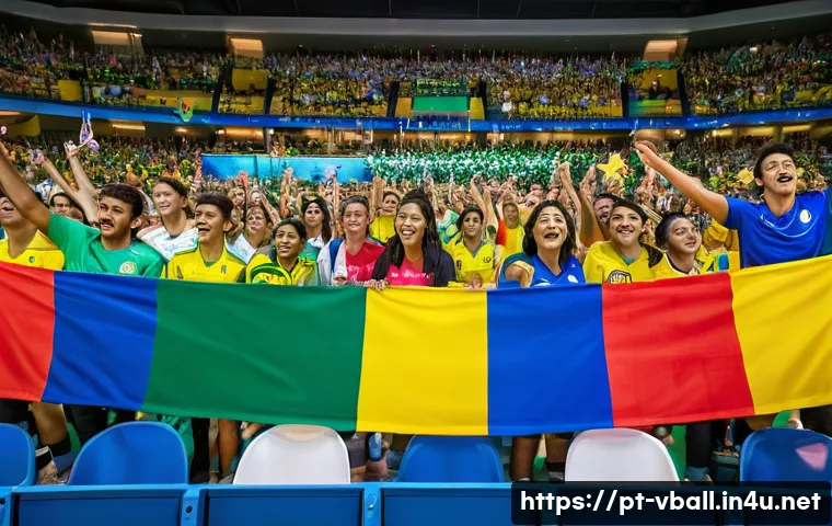 배구 경기 관람 매너 - A vibrant scene of a diverse crowd in a modern indoor volleyball arena in Brazil, fans sitting close...