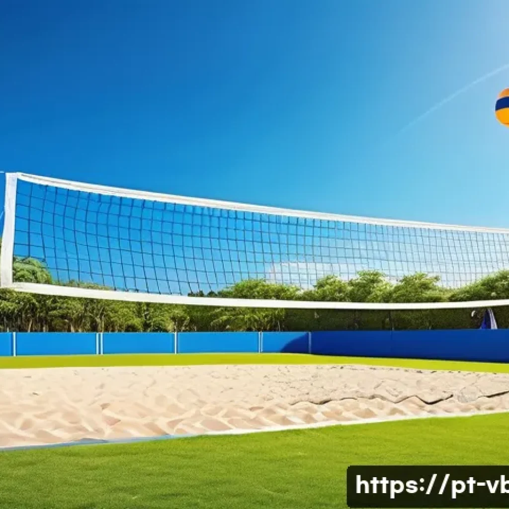배구 네트 셋업 방법 - A vibrant outdoor volleyball court set in a sunny Brazilian park, featuring a full-sized volleyball ...