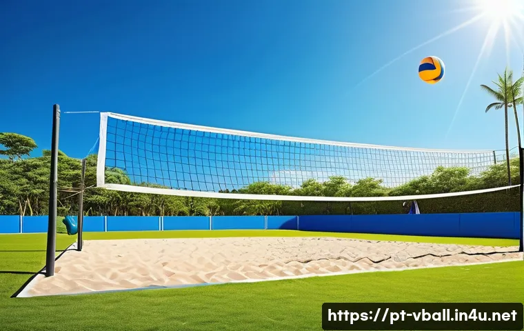 배구 네트 셋업 방법 - A vibrant outdoor volleyball court set in a sunny Brazilian park, featuring a full-sized volleyball ...