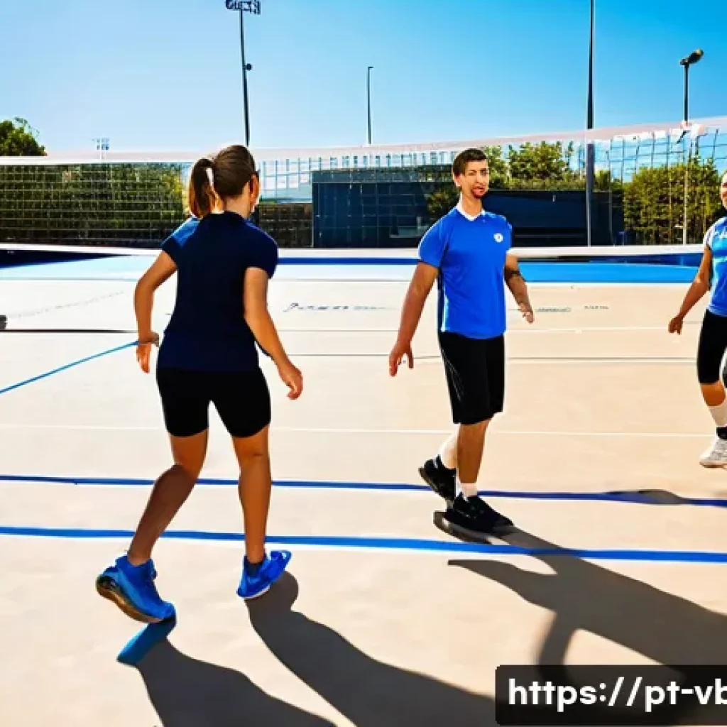 배구 시즌별 훈련 계획 - A dynamic volleyball training scene showing a diverse group of adult athletes performing high-intens...
