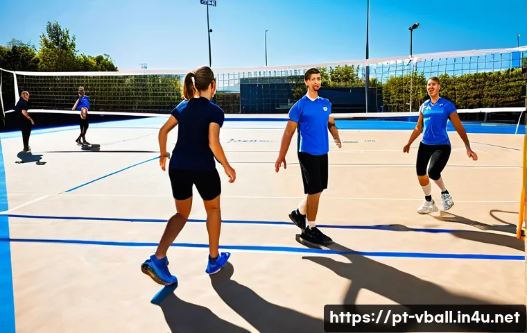 배구 시즌별 훈련 계획 - A dynamic volleyball training scene showing a diverse group of adult athletes performing high-intens...