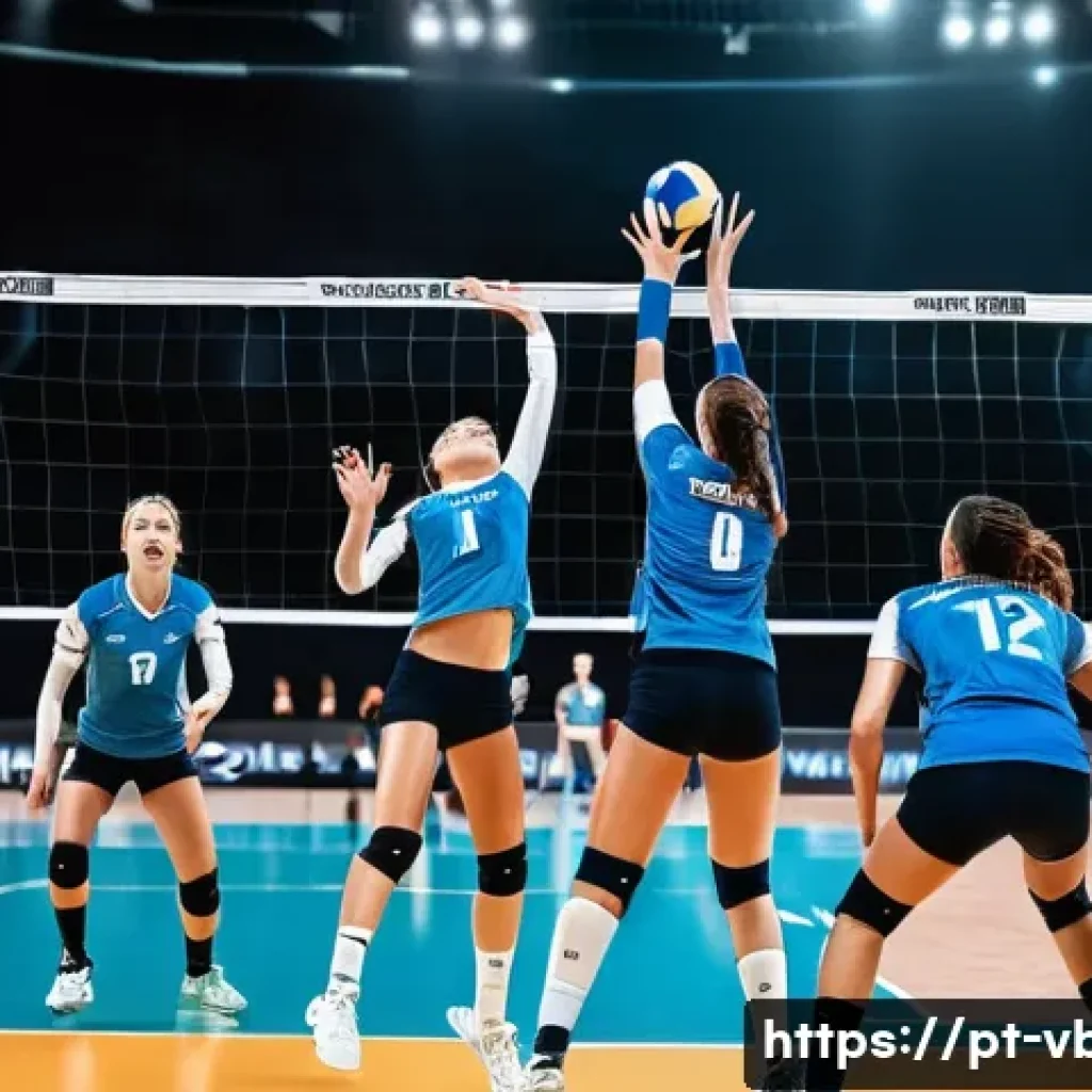 배구 경기 중 팀 구성 방법 - A dynamic volleyball court scene featuring a skilled setter in mid-action, wearing appropriate sport...