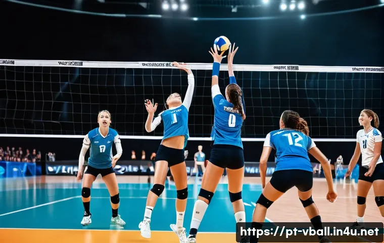 배구 경기 중 팀 구성 방법 - A dynamic volleyball court scene featuring a skilled setter in mid-action, wearing appropriate sport...