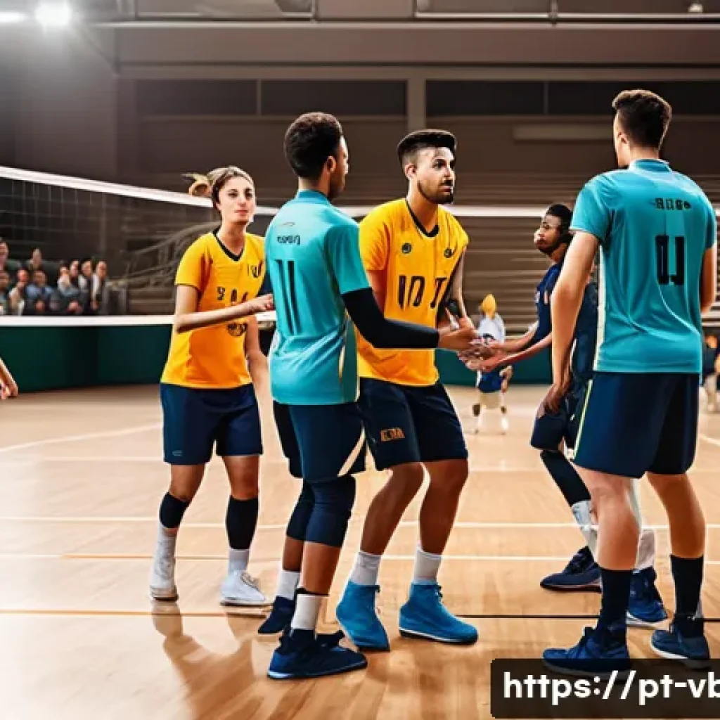 배구 경기 진행 팁 - A dynamic volleyball match scene inside a modern indoor court filled with an enthusiastic crowd. The...