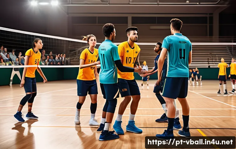 배구 경기 진행 팁 - A dynamic volleyball match scene inside a modern indoor court filled with an enthusiastic crowd. The...