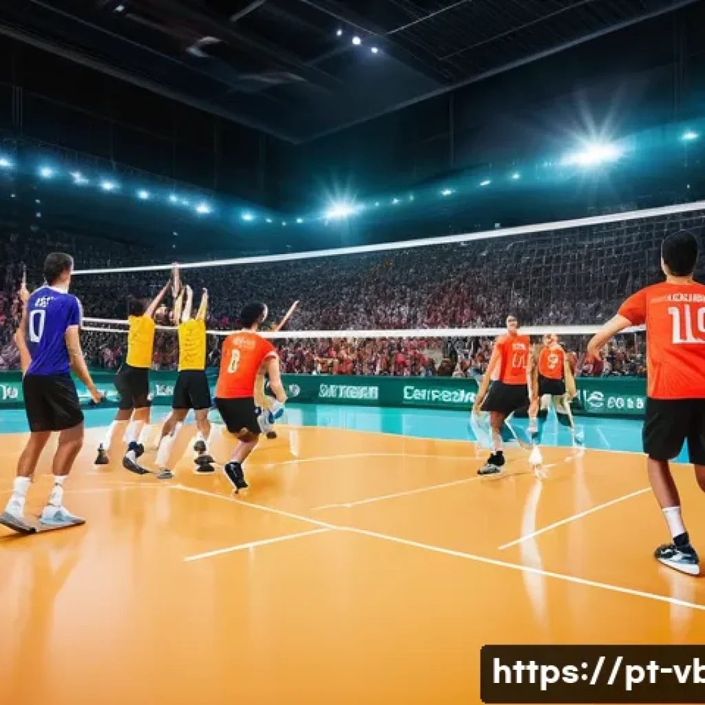 배구의 인기 상승 요인 - A vibrant indoor volleyball match scene capturing the fast-paced rhythm of the game, with players in...