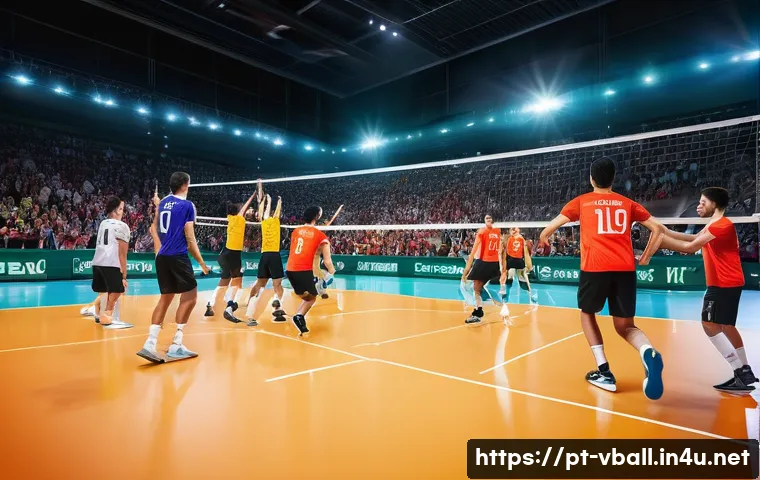 배구의 인기 상승 요인 - A vibrant indoor volleyball match scene capturing the fast-paced rhythm of the game, with players in...