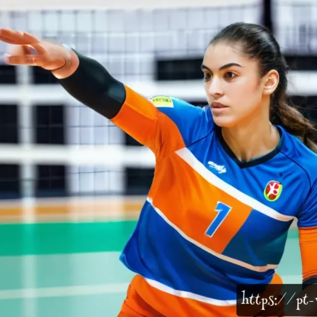 배구 경기 중 손목 보호 - A professional volleyball player on an indoor court wearing a full sports uniform including wrist su...