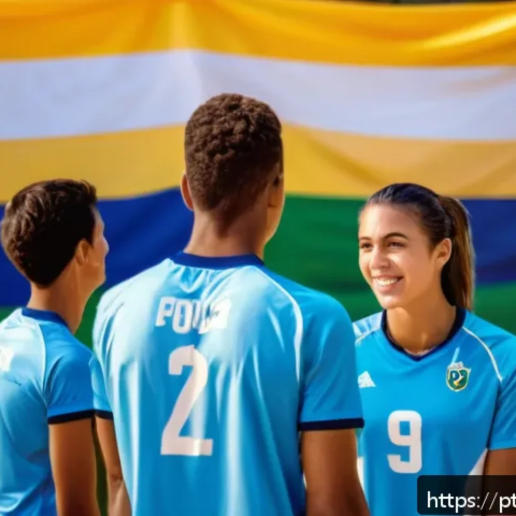 배구 경기에서의 팀워크 연습 - A dynamic volleyball team practicing on an outdoor sand court in Brazil, players wearing colorful sp...