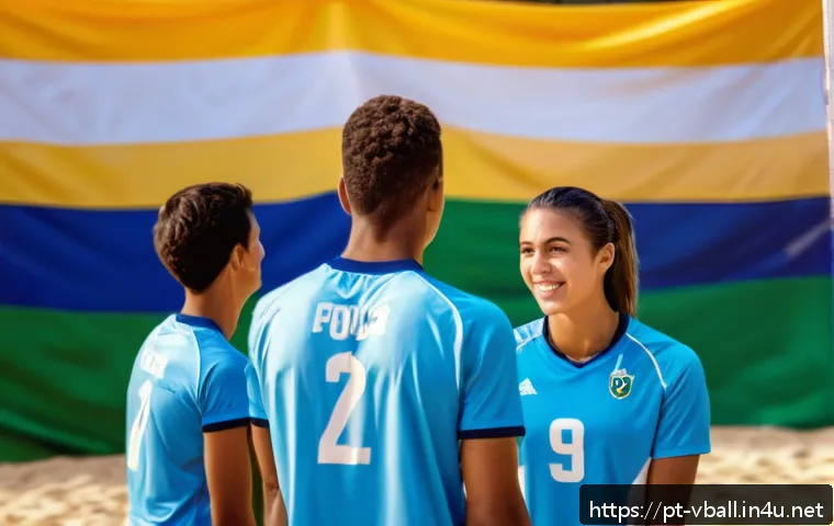 배구 경기에서의 팀워크 연습 - A dynamic volleyball team practicing on an outdoor sand court in Brazil, players wearing colorful sp...
