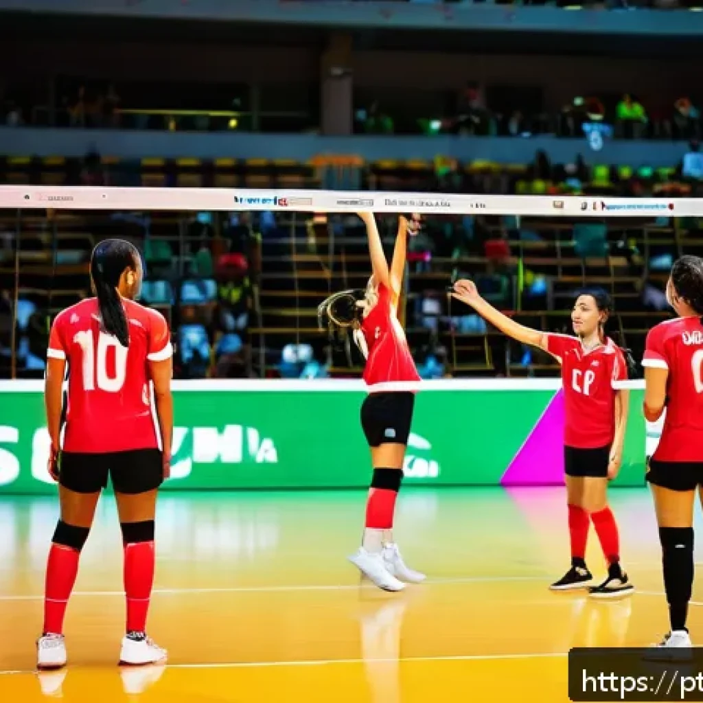 배구 관련 재미있는 사실 - A dynamic volleyball court scene showing a diverse team of players mid-action, communicating intense...