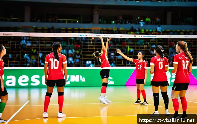 배구 관련 재미있는 사실 - A dynamic volleyball court scene showing a diverse team of players mid-action, communicating intense...