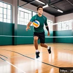 Home 21 배구 경기 중 부상 예방 - A dynamic indoor volleyball court scene featuring a young adult male player performing a safe jump w...