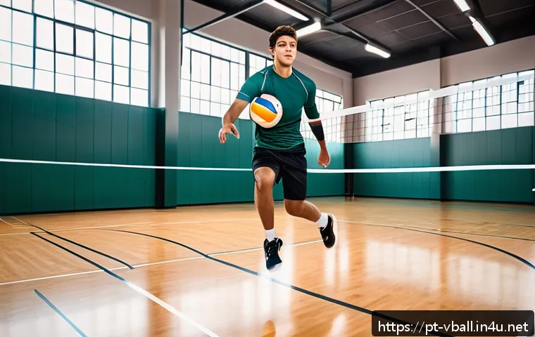 배구 경기 중 부상 예방 - A dynamic indoor volleyball court scene featuring a young adult male player performing a safe jump w...
